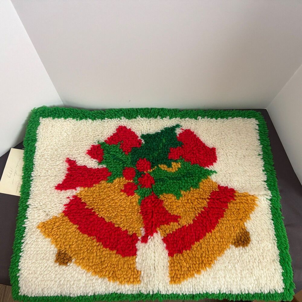 Vintage Christmas Bells Latch Hook Rug Wall Hanging Retro Handmade Holiday Decor